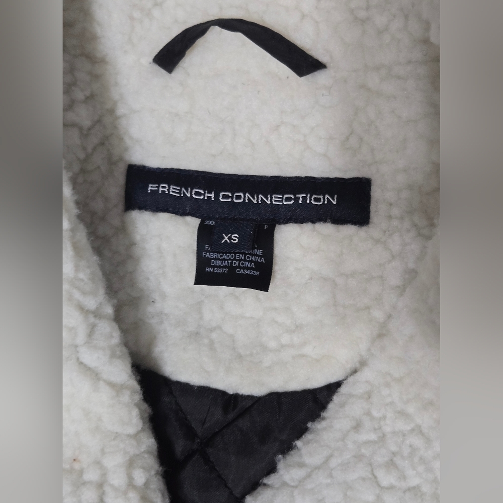 French Connection Red Plaid Pea Coat with White Faux Shearling Collar - Size XS - Picture 8 of 10